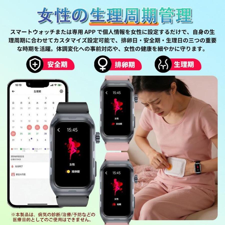 スマートウォッチ Line通知 血圧測定 心拍数 日本製センサー 心電図 呼吸率 24H健康管理 体脂肪BMI 尿酸血中脂質 運動 血中酸素 女性生理管理 体温 音楽再生の画像
