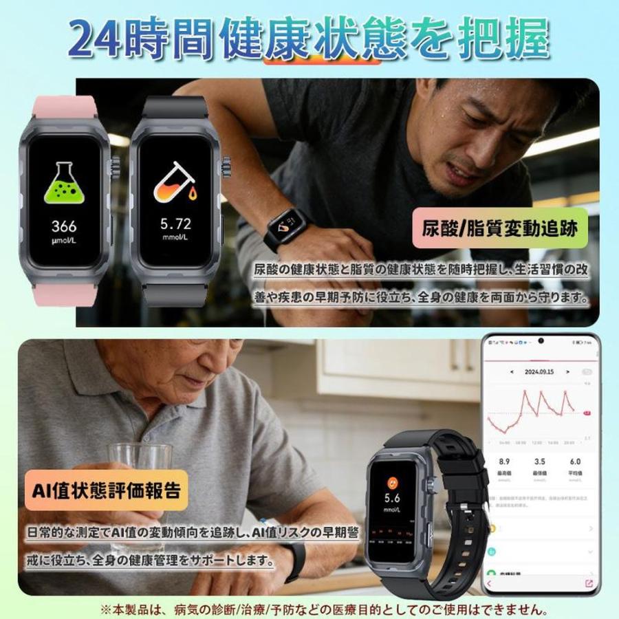 スマートウォッチ Line通知 血圧測定 心拍数 日本製センサー 心電図 呼吸率 24H健康管理 体脂肪BMI 尿酸血中脂質 運動 血中酸素 女性生理管理 体温 音楽再生の画像