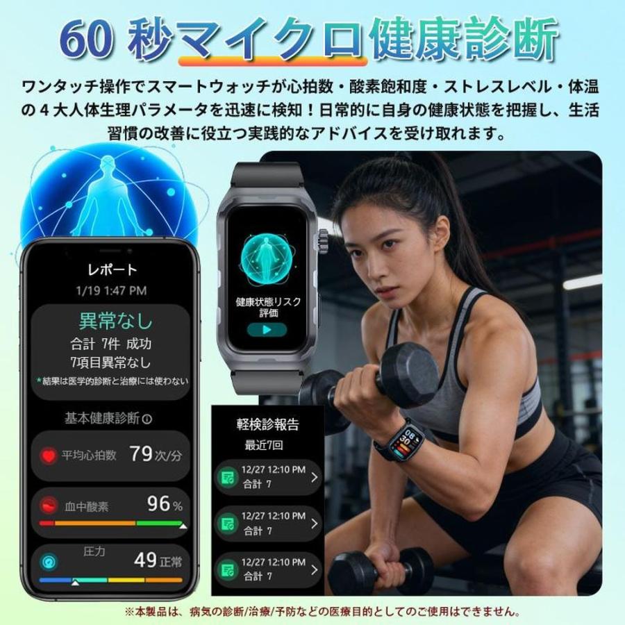 スマートウォッチ Line通知 血圧測定 心拍数 日本製センサー 心電図 呼吸率 24H健康管理 体脂肪BMI 尿酸血中脂質 運動 血中酸素 女性生理管理 体温 音楽再生の画像