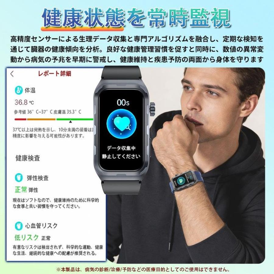 スマートウォッチ Line通知 血圧測定 心拍数 日本製センサー 心電図 呼吸率 24H健康管理 体脂肪BMI 尿酸血中脂質 運動 血中酸素 女性生理管理 体温 音楽再生の画像