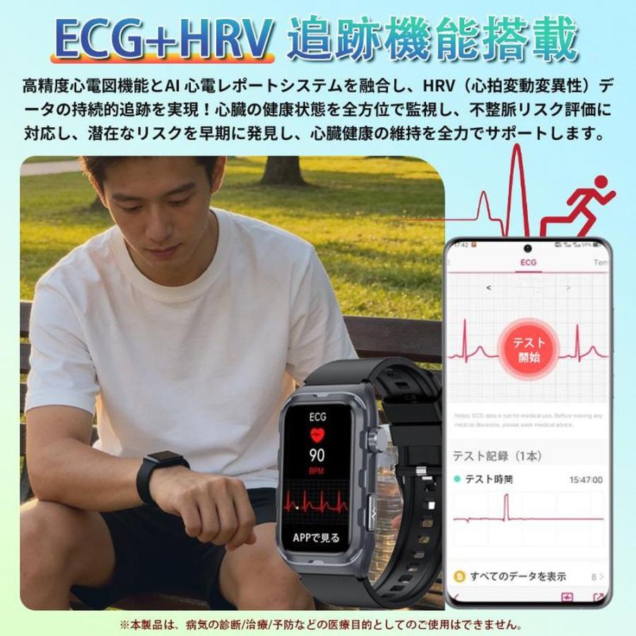 スマートウォッチ Line通知 血圧測定 心拍数 日本製センサー 心電図 呼吸率 24H健康管理 体脂肪BMI 尿酸血中脂質 運動 血中酸素 女性生理管理 体温 音楽再生の画像
