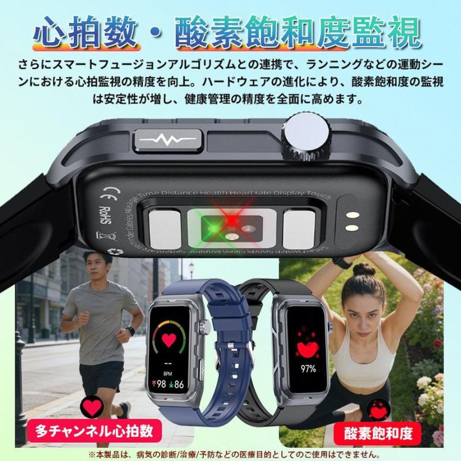 スマートウォッチ Line通知 血圧測定 心拍数 日本製センサー 心電図 呼吸率 24H健康管理 体脂肪BMI 尿酸血中脂質 運動 血中酸素 女性生理管理 体温 音楽再生の画像