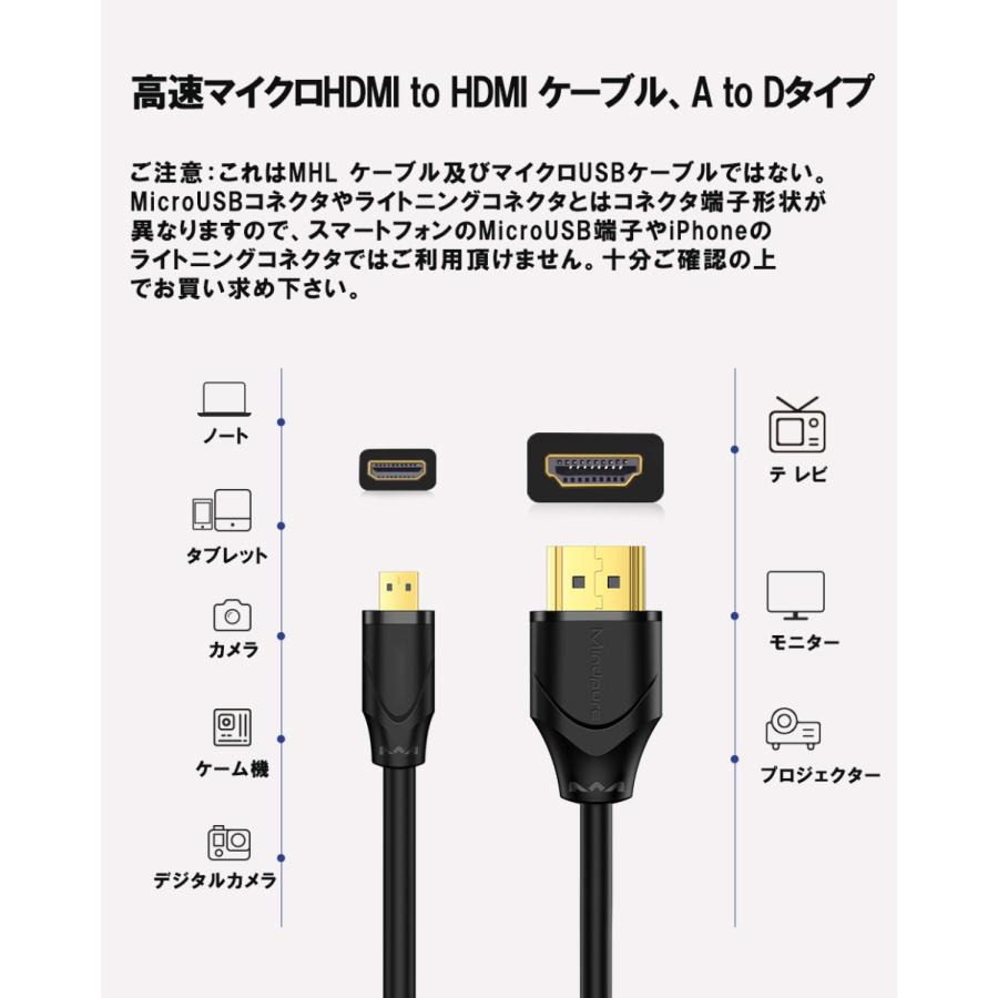 Mindpure HDMI to Microケーブル 1.5m  Ver 2.0b (タイプAオス - マイクロタイプDオス) 4K 60Hz 3D フルHD イーサネット対応 ハイスピード 黒｜light-pc｜07