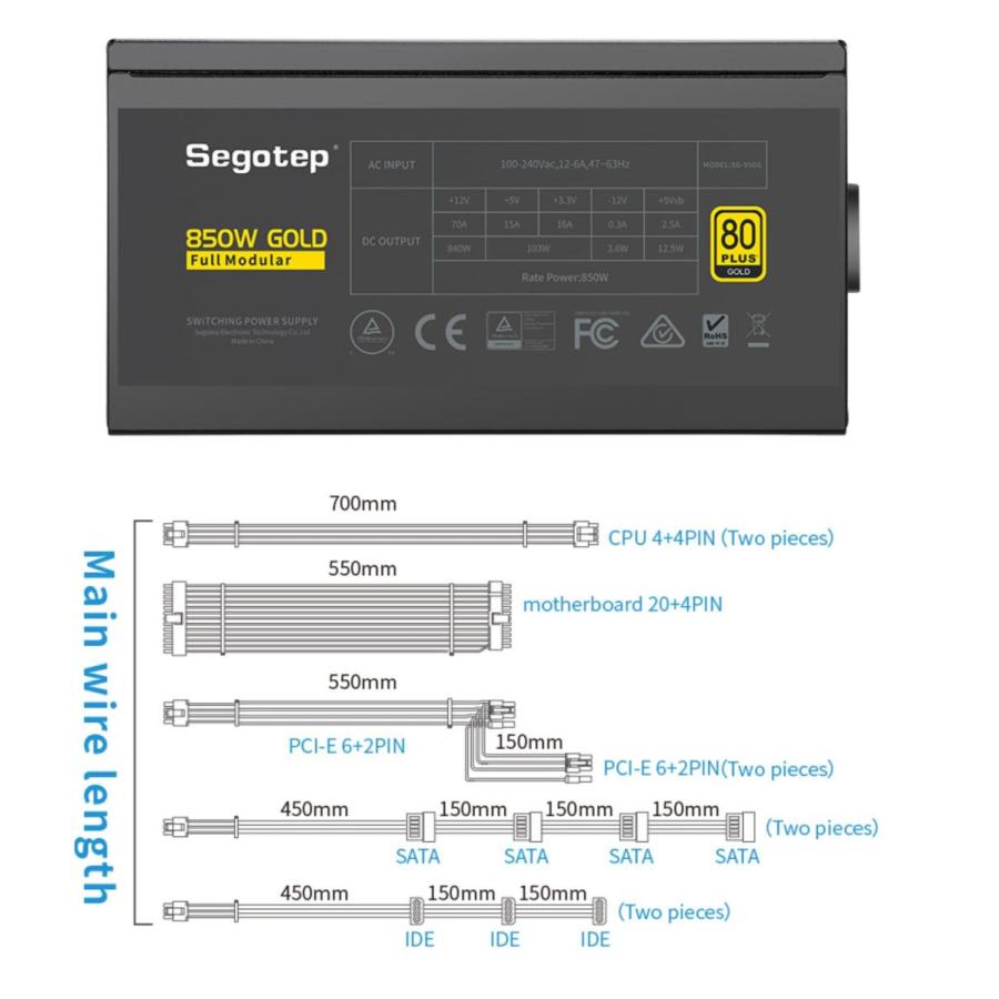 Segotep　PC 電源 ユニット 850W 80 PULS GOLD　認証済み　ＡＴＸ電源　フルモジュラー式 |  | 07
