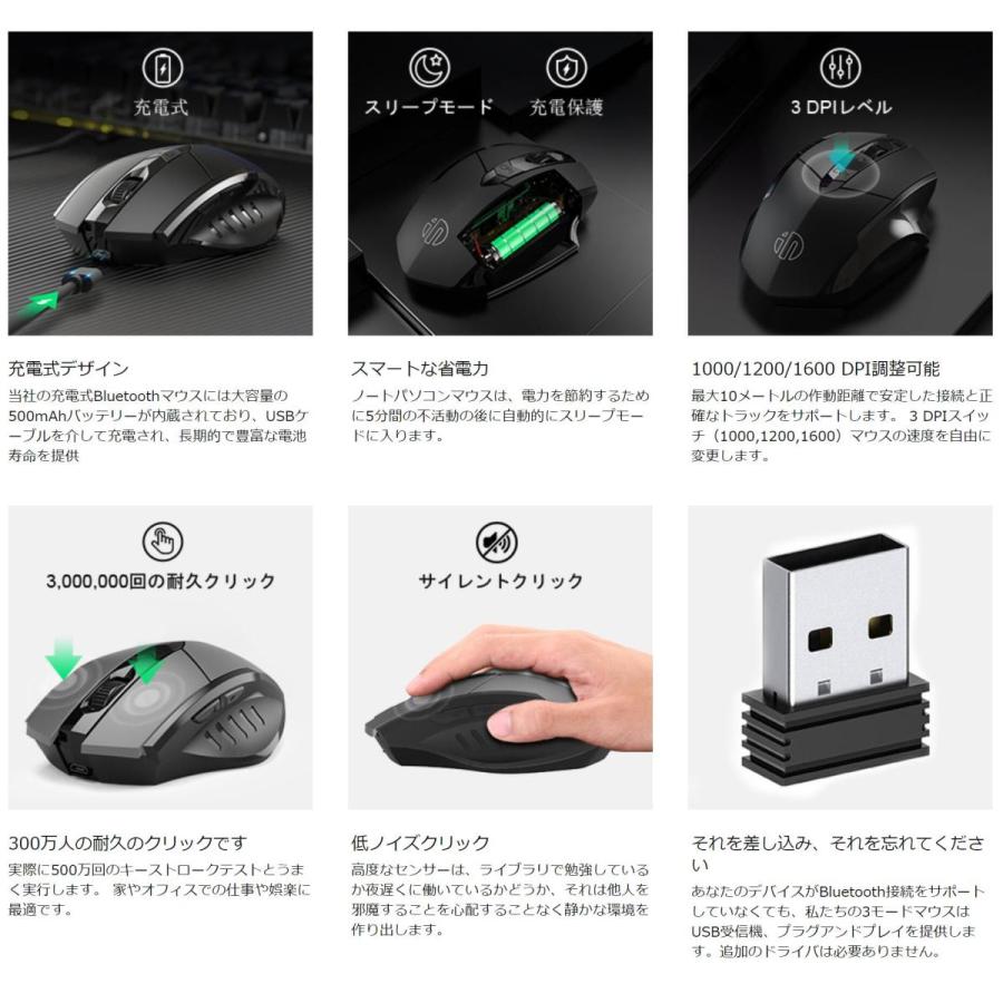 Inphic マウス ワイヤレスマウス 無線 超静音 バッテリー内蔵 高精度  充電式 超薄型 Mac Windows surface Microsoft Pro（BT5.0  4.0  2.4Ghz）｜light-pc｜13