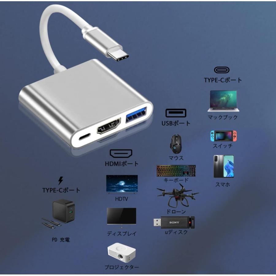 Type-C 変換アダプター HDMI 3in1 タイプC 4K apple Mac Windows switch テレビ出力 hdmiポートUSBC  USB  PD充電 変換ケーブル ipad pro iphone15｜light-pc｜06