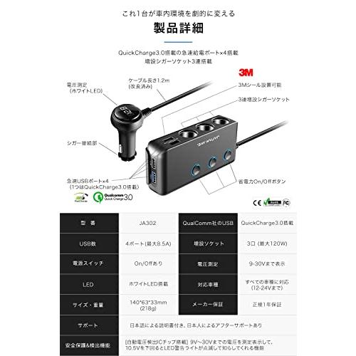 JAPAN AVE.(ジャパンアベニュー) 【 Quick Charge 3.0 搭載 】 シガーソケット 3連 USB (最大8.5A/5V) スマートIC 急速充電 ?｜lightde｜07