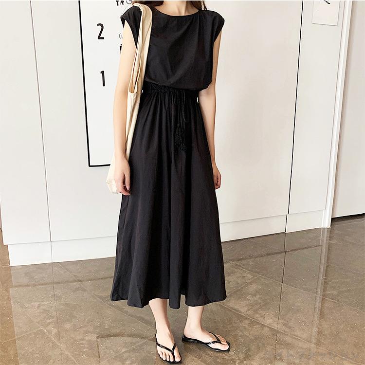 アニュアンス【M】ワンショルダーワンピース　ロング　ウエストゴム　スリット　無地 アニュアンス anuans ワンショルダーカットトップス （BLACK） -靴