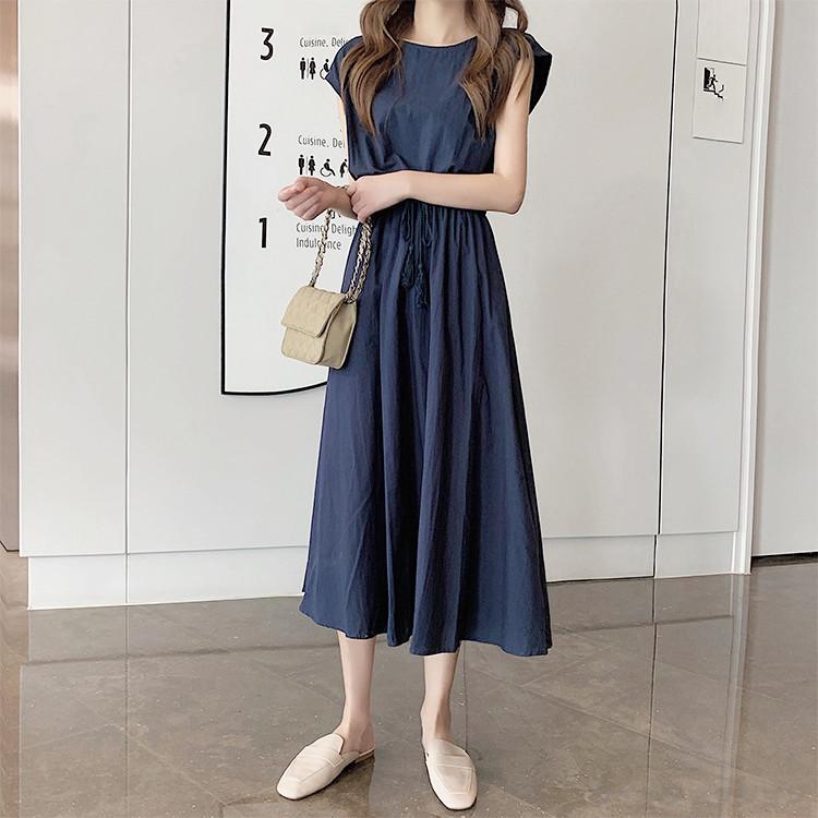 アニュアンス【M】ワンショルダーワンピース　ロング　ウエストゴム　スリット　無地 レディース ワンピース 滑らか 透けない マキシ丈 ロングワンピース