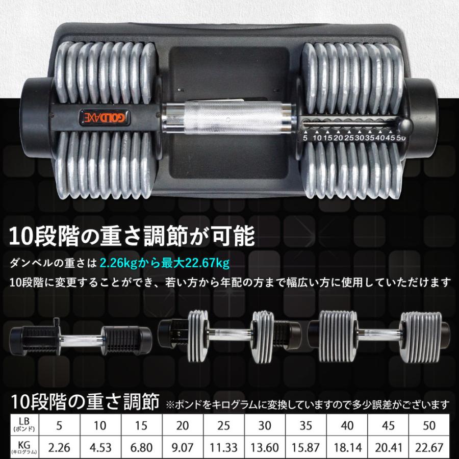 ダンベル 可変式 2個セット 2.26kg〜22.67kg 調節式 2kg 5kg 10kg 20kg アジャスタブルダンベル 筋トレ 機器 男女兼用 GOLDAXE 送料無 XH741S-2｜lightingworld｜05