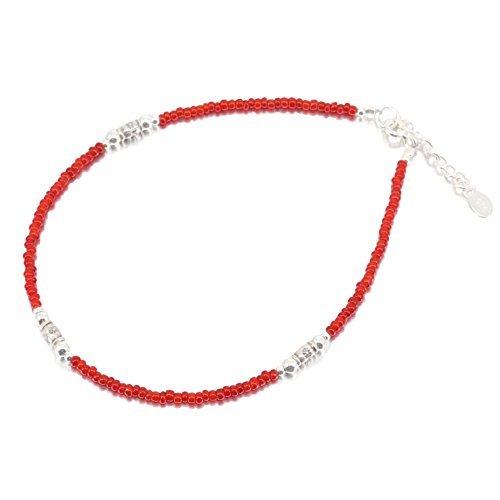 カレン アンクレット シルバー 925 人気 カレン族 レッド ホワイトハーツ グラス ビーズ オシャレ 足首 ミサンガ メンズ 最前線の