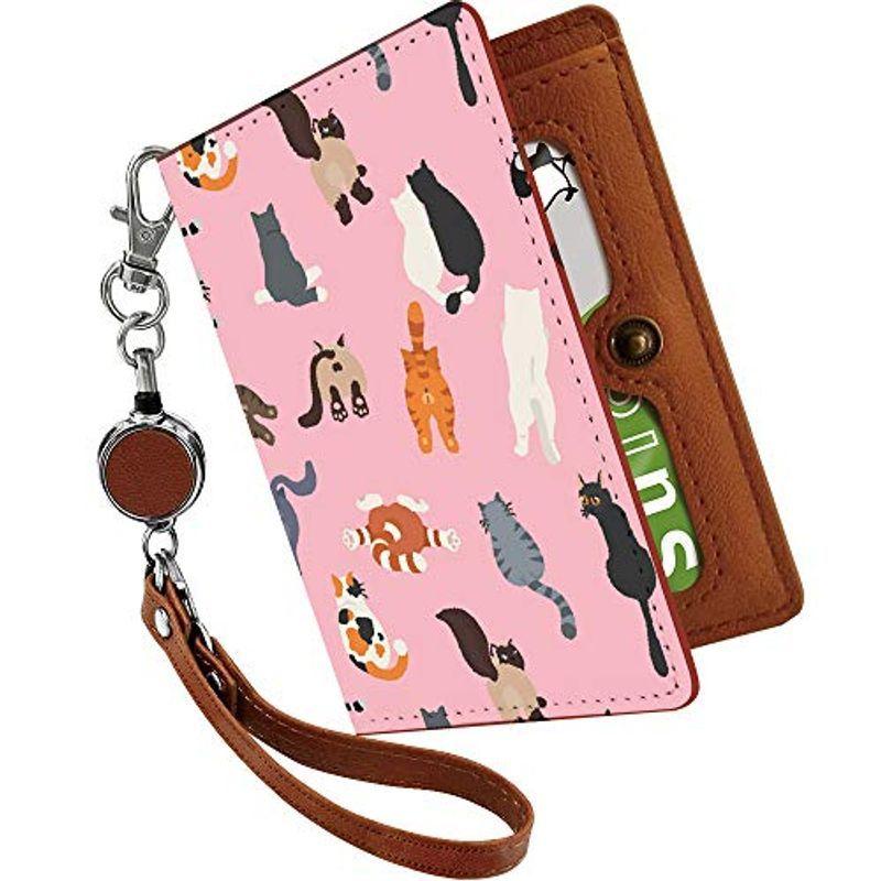 パスケース 定期入れ リール付き かわいい 猫 後ろ姿 総柄 ピンク 動物 アニマル柄 二つ折り 中がみえない おしゃれ レディース 猫柄 名入れ無料