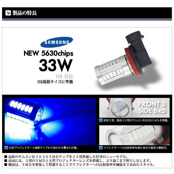 H8 LED バルブ フォグランプ / フォグライト ブルー 青 SAMSUNG 33W 