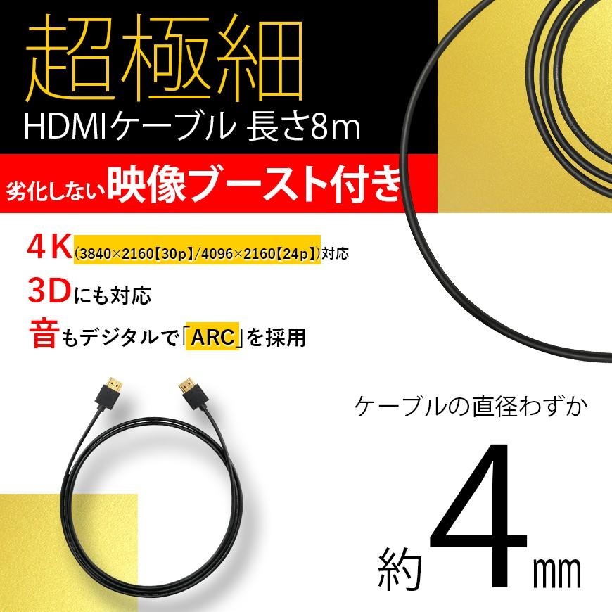 HDMI ケーブル 極細 ウルトラスリム 8m 800cm 信号増幅器 リピーター