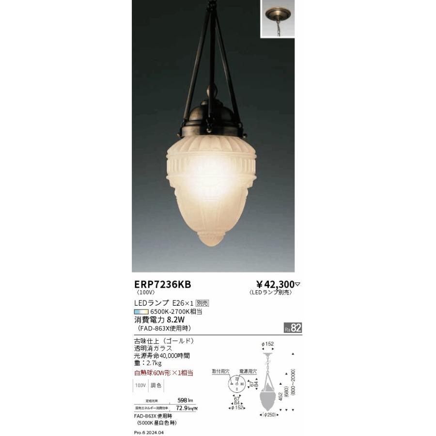 遠藤照明 LEDペンダントライト ERP7236KB 工事必要 電球別売 : ライト