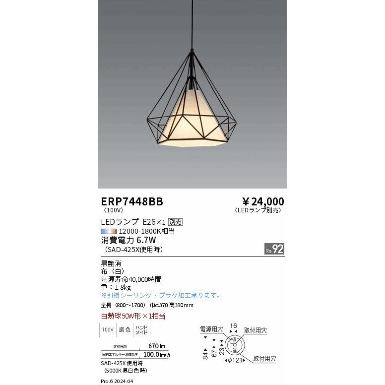 遠藤照明 LEDペンダントライト ERP7448BB 工事必要 電球別売 ENDO 遠藤照明 LEDペンダント(ランプ別売) ERP7448BB