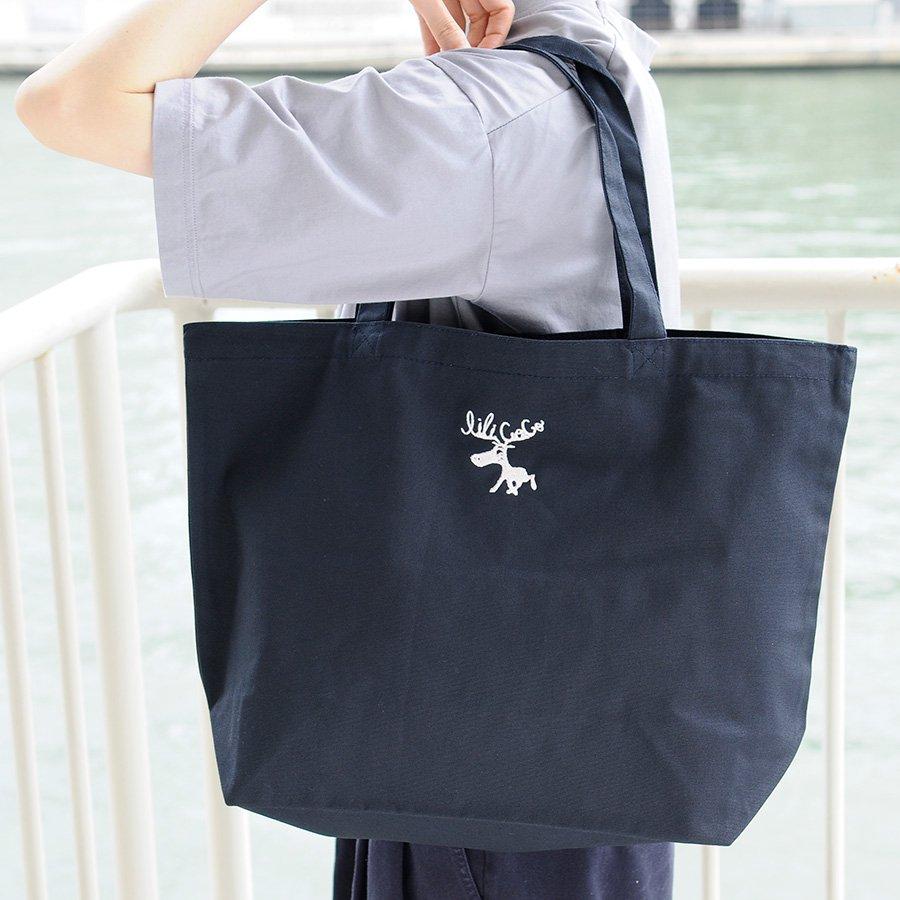 刺繍デザイン ネイビー トートバッグ 日本製 刺繍キャンバストートバッグ ヘラジカ ネイビー地×ホワイト LiLiCoCo