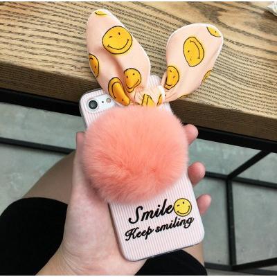 メール便送料無料 iPhone アイフォン ケース  iPhone7 iphone7plus スマイル ポンポン ファー うさ耳 しっぽ ストライプ |  | 02