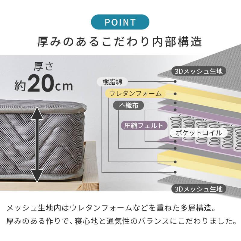 HAGiHARA（萩原） マットレス ダブル ポケットコイル ベッドマットレス