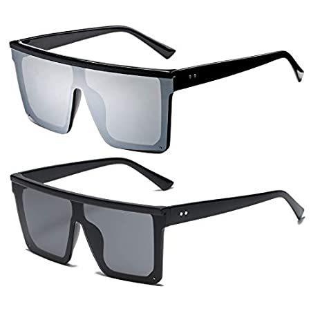保障できる 特別価格2 Pack Oversized Flat Top Sunglasses for Women Men Square Siamese Mirrored 好評販売中 サングラス