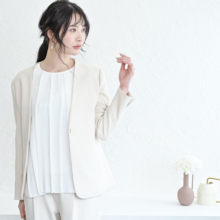 日本製 レディース ノーカラージャケット　白オフ　入学式　セレモニー ノーカラー ジャケット レース 七五三 お宮参り 入園式 入学式 卒園式