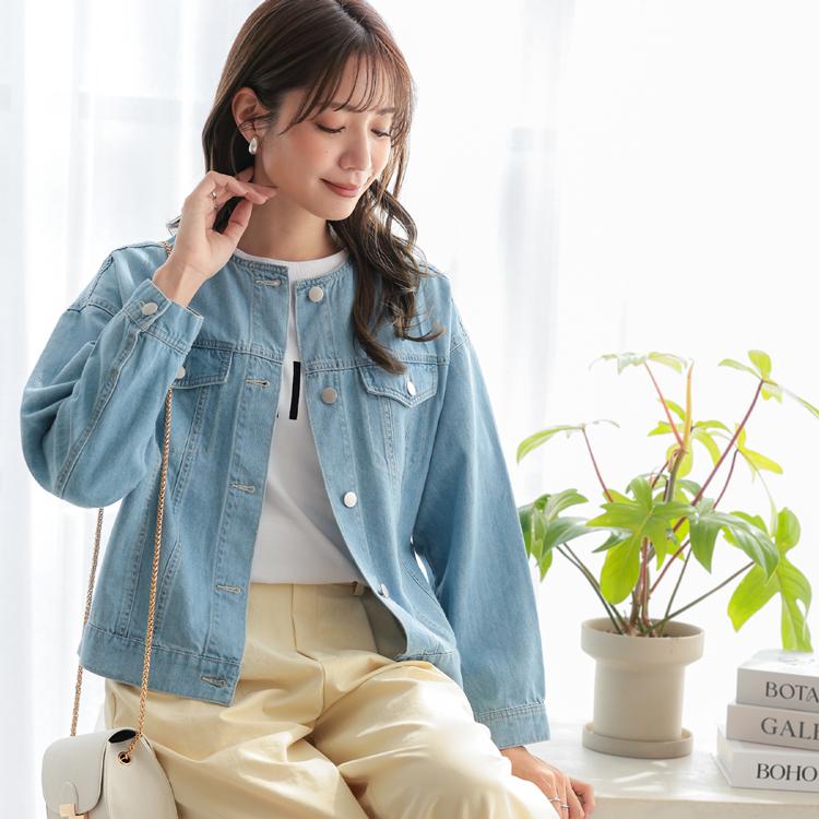 YANUK デニムジャケット 短丈 ショート丈 ワイドスリーブ ノーカラー 