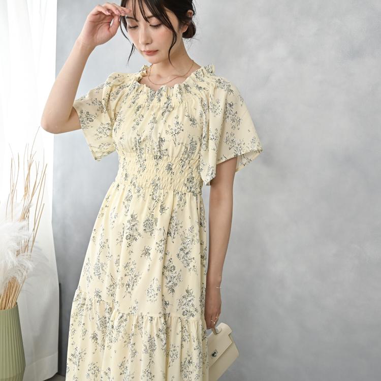 極美品■エポカ　花柄　シフォンワンピース　ひざ丈　シースルースリーブ　40L 極美品□エポカ 花柄 シフォンワンピース ひざ丈 シースルー