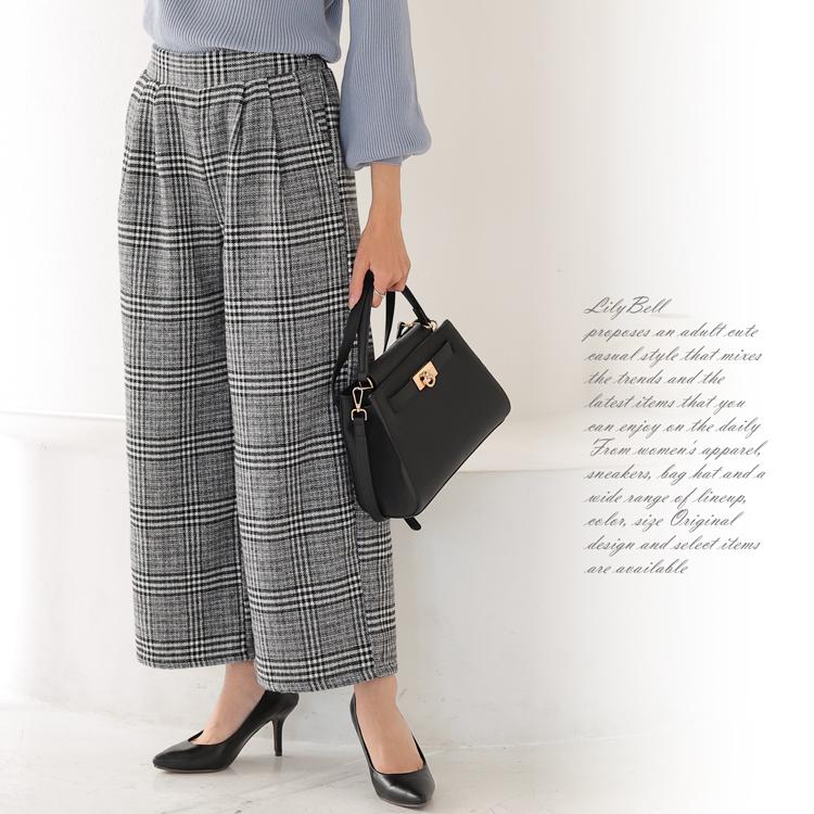 グレンチェック ワイドパンツ レディース 起毛 パンツ ガウチョパンツ