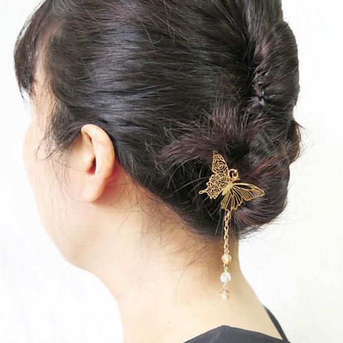 かんざし(ojs115)オリジナル ローズ×蝶々バタフライ細工×クリアビーズ