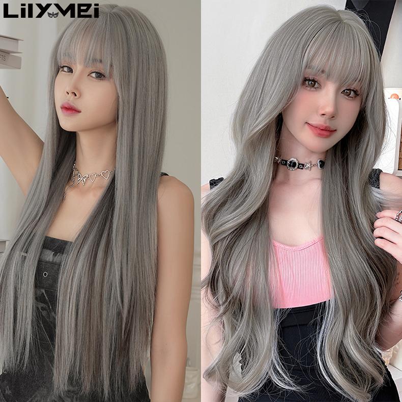 2025年新作 アッシュグレー ロング ストレート ウェーブ ウィッグ