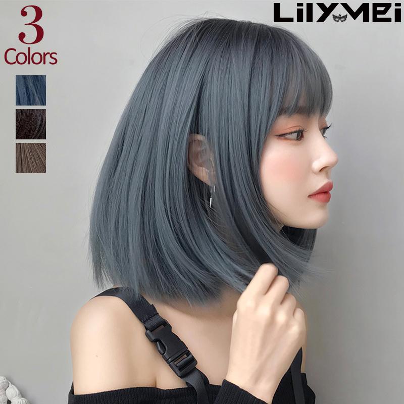爆安プライス フレンチボブ アッシュブルー セミロング ミディアム フルウィッグ ボブ 青 シルバー グレー
