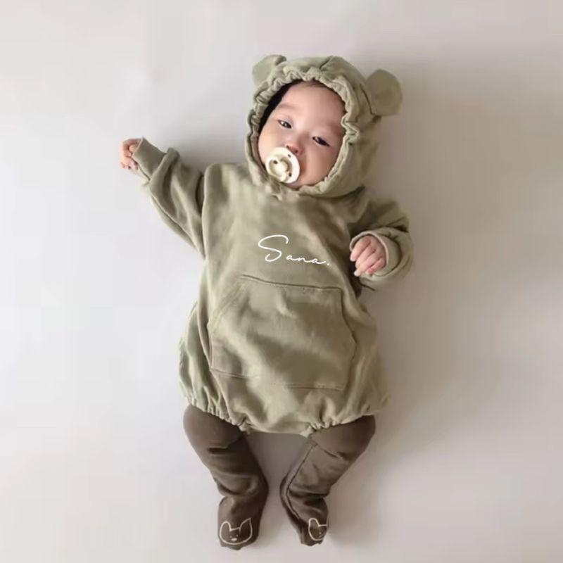 名入れ ／ くまみみ フード付き 長袖 ロンパース 80 ssdot 名前 名入り