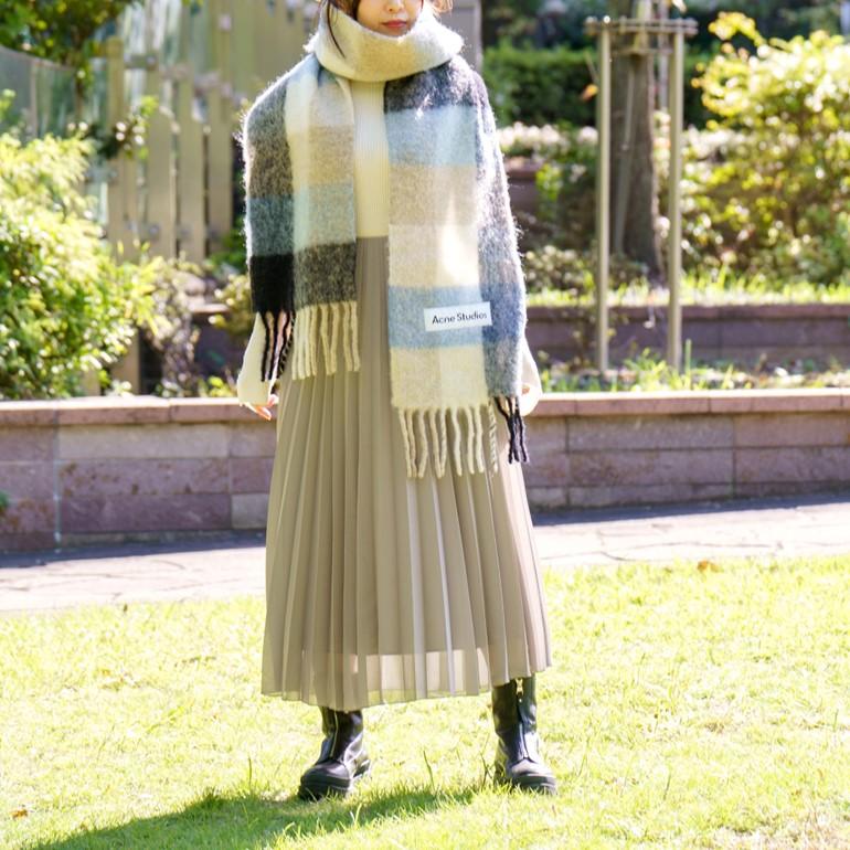 アクネ ストゥディオズ モヘアチェックスカーフ 両端フリンジ付き  
