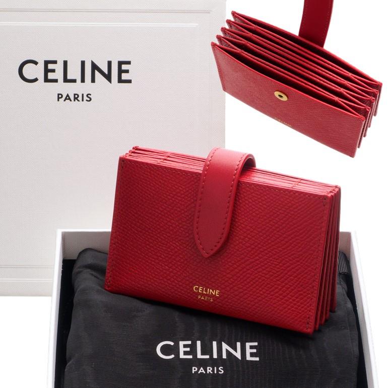 セリーヌ アコーディオンカードホルダー じゃばらカードケース ストラップ付きレザーカードケース レッド 10B69 3BFP 27ED