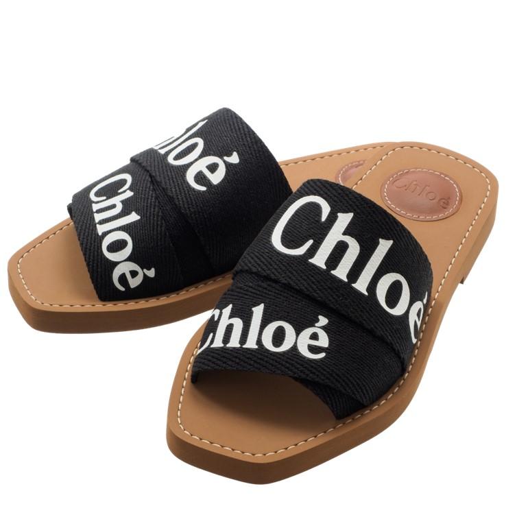 Chloe（クロエ） “woody”フラットミュール ロゴ入りリネンぺたんこ