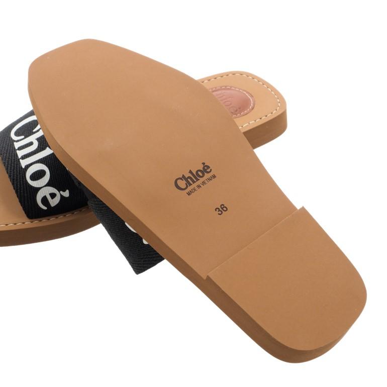 Chloe クロエ “woody”フラットミュール ロゴ入りリネンぺたんこ