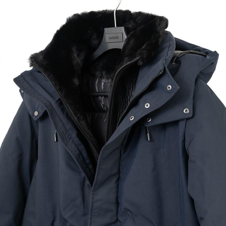 マッカージュ SULLIVAN ムートン ダウンジャケット フード付きダウンコート メンズアウター ブラック SULLIVAN NAVY MACKAGEの画像