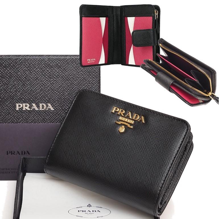 プラダ サフィアーノ 手帳型ミニ財布 内側マルチカラー二つ折り財布 L  