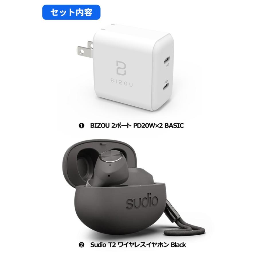 公式通販 急速Type-C充電器付き Sudio T2 高音質 Bluetooth5.0 ワイヤレスイヤホン スーディオ iphone Black  ノイズキャンセリング sudio ワイヤレスイヤホン スマホ、タブレット充電器