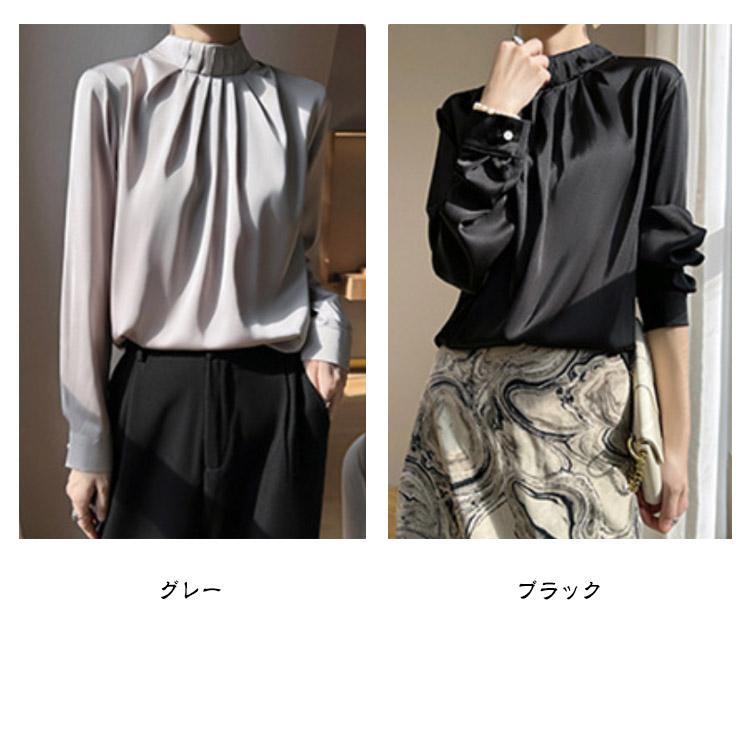 長袖 ブラウス シャツブラウス スタンドカラー レディース 無地 タック入り プリーツ 秋 トップス 冬 バンドカラー シャツ きれいめ おしゃれ フ |  | 07