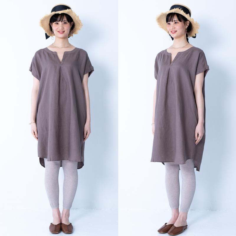 リネンワンピース キーネックワンピース 大きいサイズ 春 夏 秋 冬