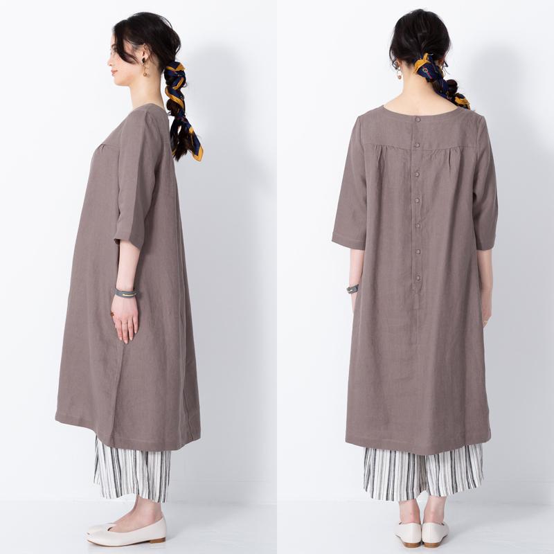 リネンワンピース ナチュラル七分袖ワンピース 【送料無料】 リネン100