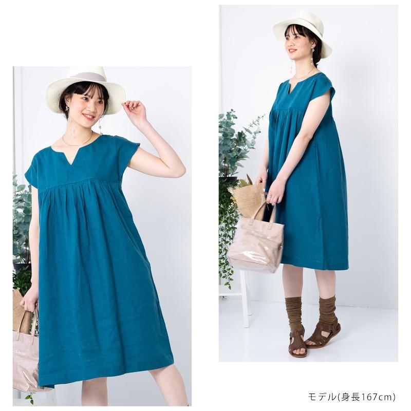 リネンワンピース フレンチスリーブ キーネック ワンピース 【送料無料
