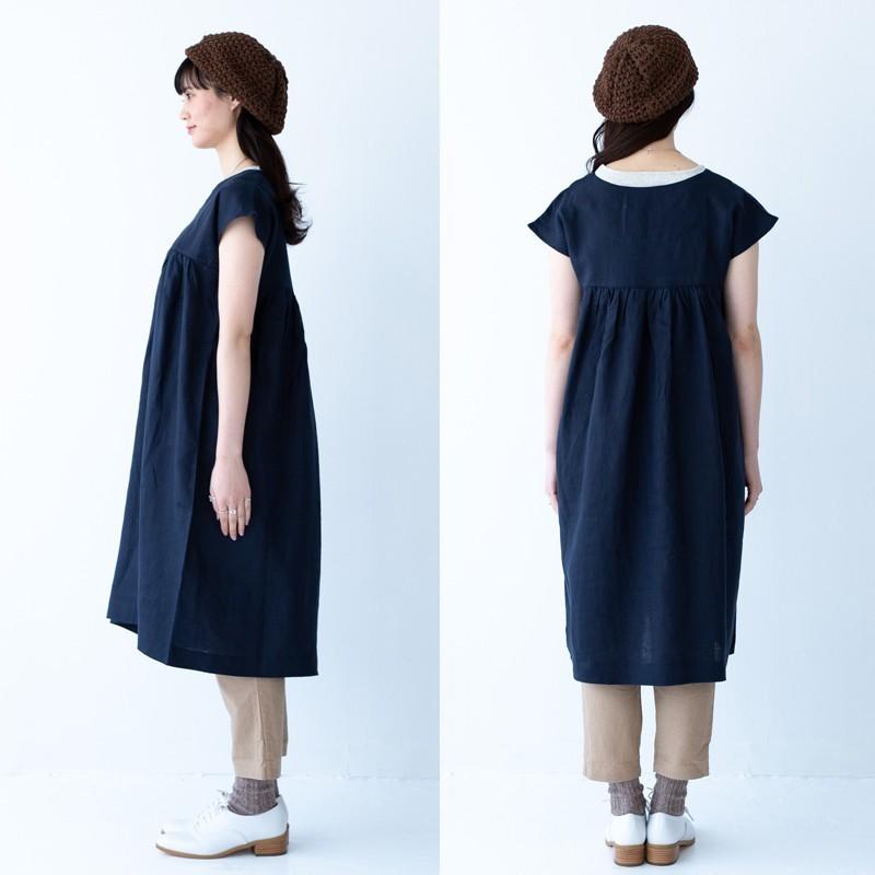 リネンワンピース フレンチスリーブ キーネック ワンピース 【送料無料