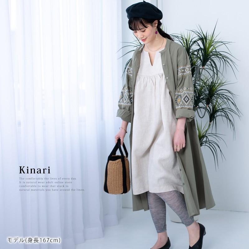リネンワンピース フレンチスリーブ キーネック ワンピース 【送料無料