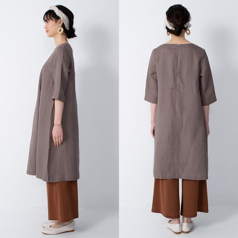 リネンワンピース ウエスト切り替えタックワンピース 【送料無料