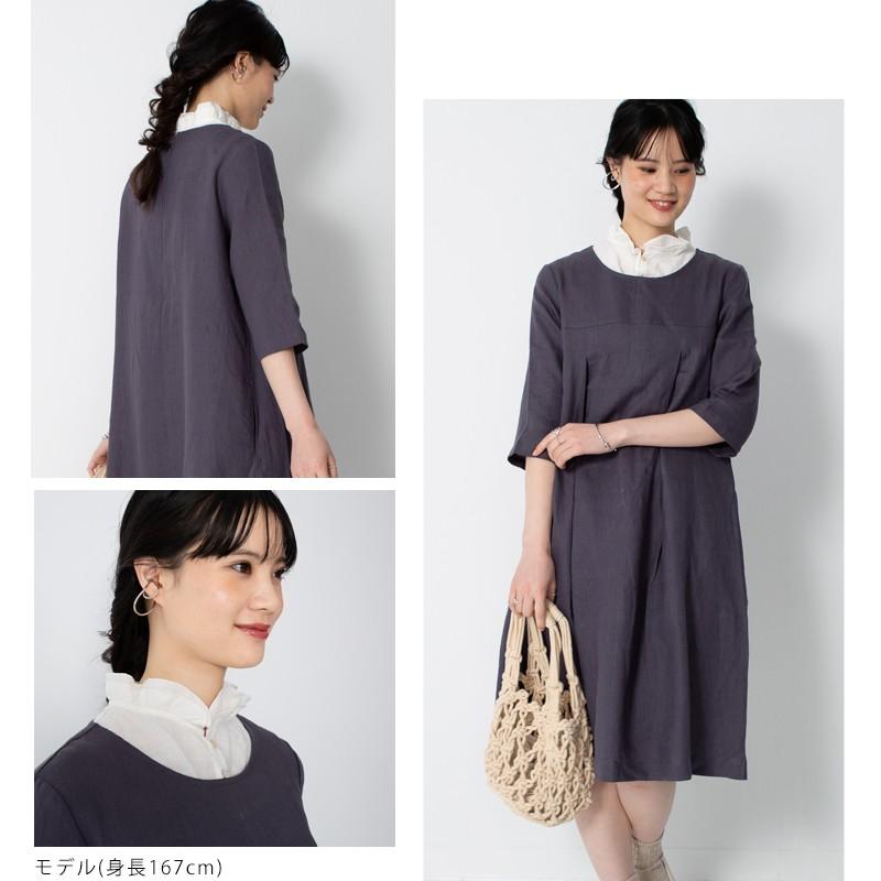リネンワンピース ウエスト切り替えタックワンピース 【送料無料