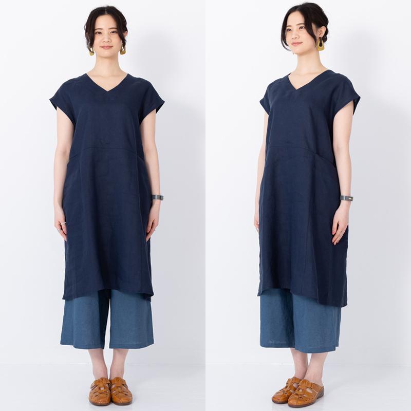 リネンワンピース シンプル大人ナチュラルフレンチスリーブコクーン