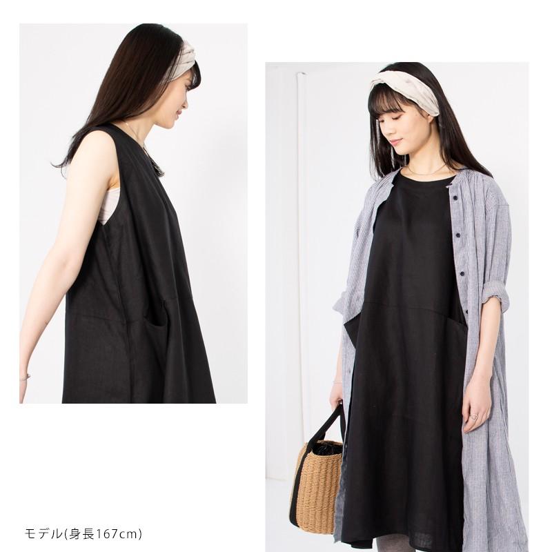 【ワイズ】ロングワンピース ノースリーブ　リネン100% 黒 リネン ワンピース ノースリーブ シンプル 無地【送料無料
