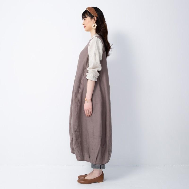 ふんわりボリューム裾バルーンノースリーブワンピース リネン100